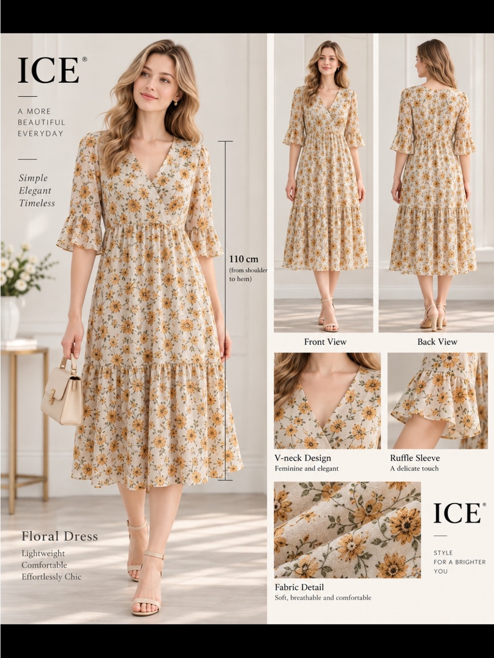 ICE Cream Floral V-Neck Ruffle Midi Dress with Yellow Accent M NWT